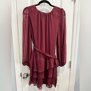 Express Long Sleeve Tie Waist Tiered Ruffle Mini Dress